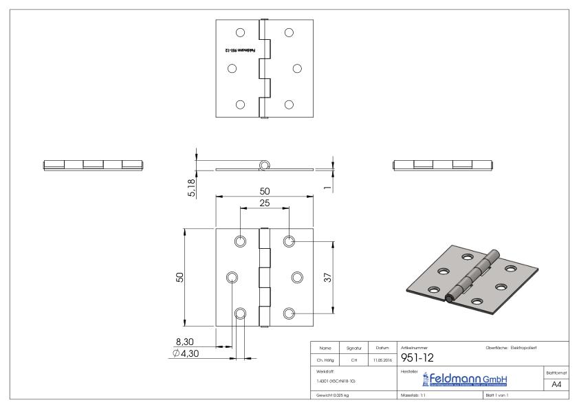 Edelstahl-Scharnier 50x50mm mit festem Zapfen