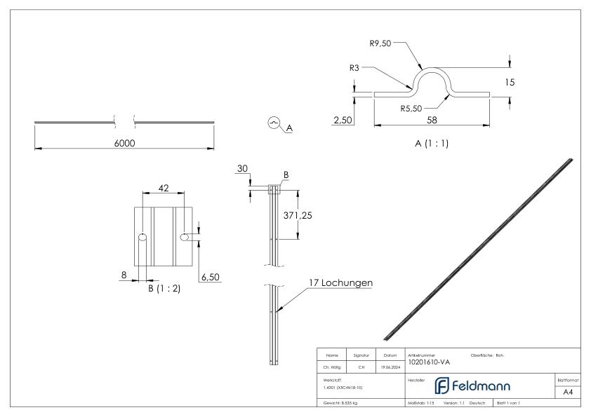 Laufschiene zum Aufschrauben, L: 6000mm, V2A