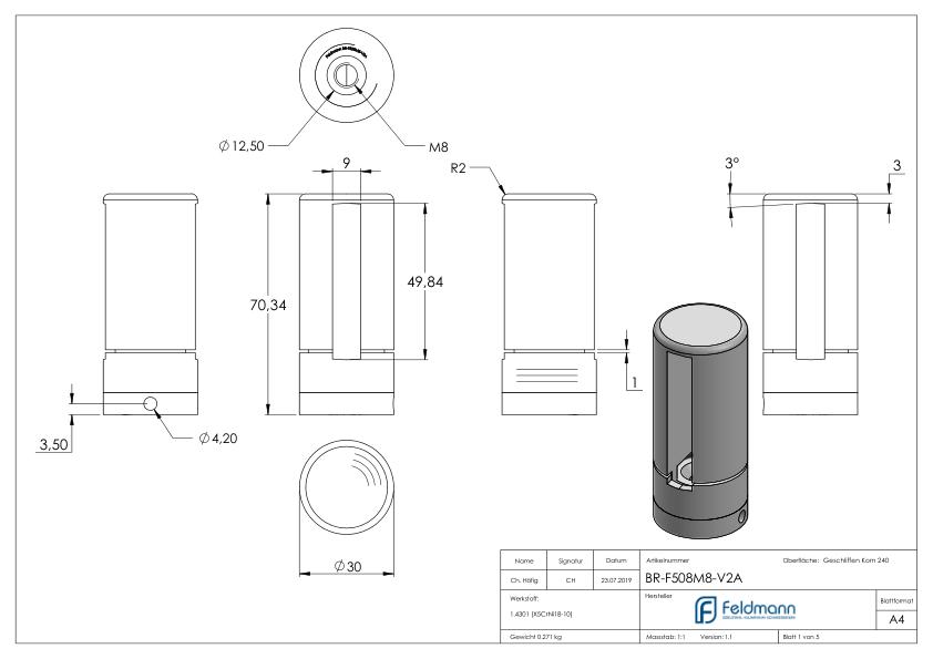 Brenk Grundhalter für Flachstäbe 50x8mm, V2A