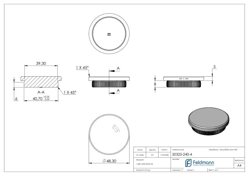 Rohrabschlussstopfen, für Rohr 48,3x4,0mm, V2A