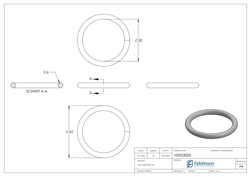 Ring, Außendurchmesser: 62mm, V2A