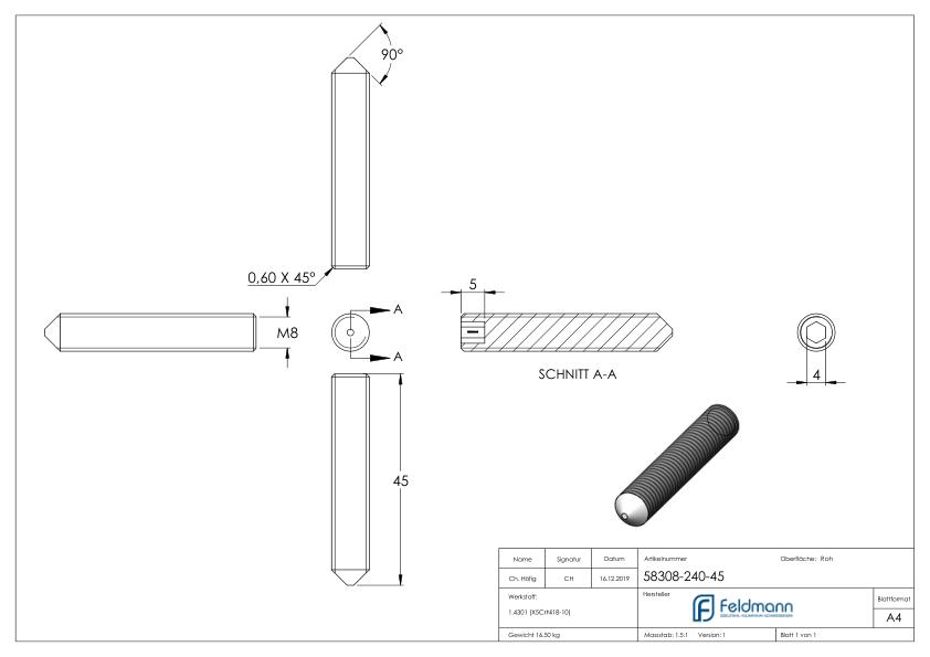 Gewindestift M8x45, V2A, DIN 914 / ISO 4027