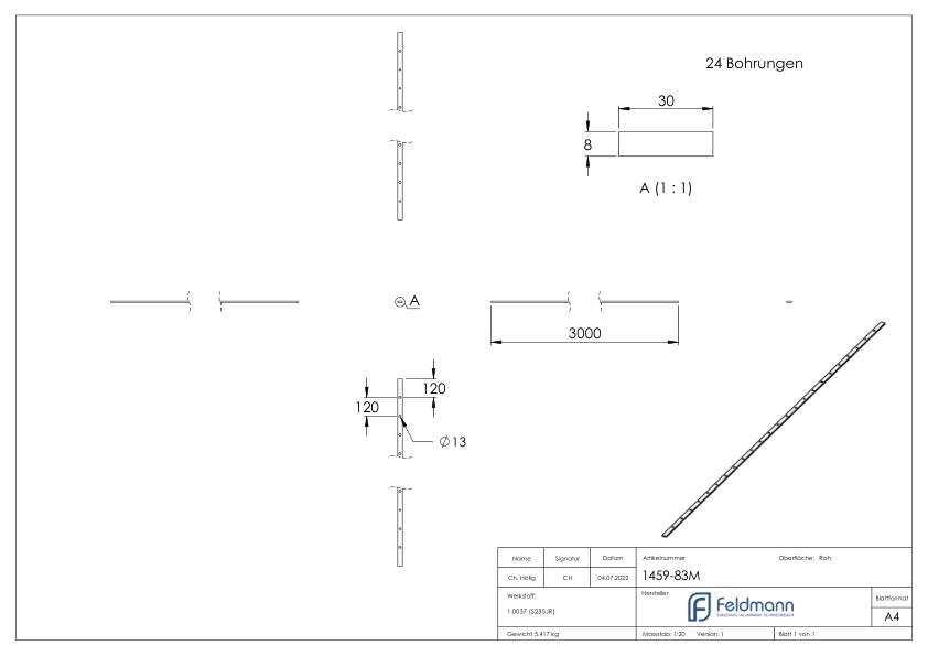 Lochleiste 30x8mm, Lochabstand 120mm, 3000mm