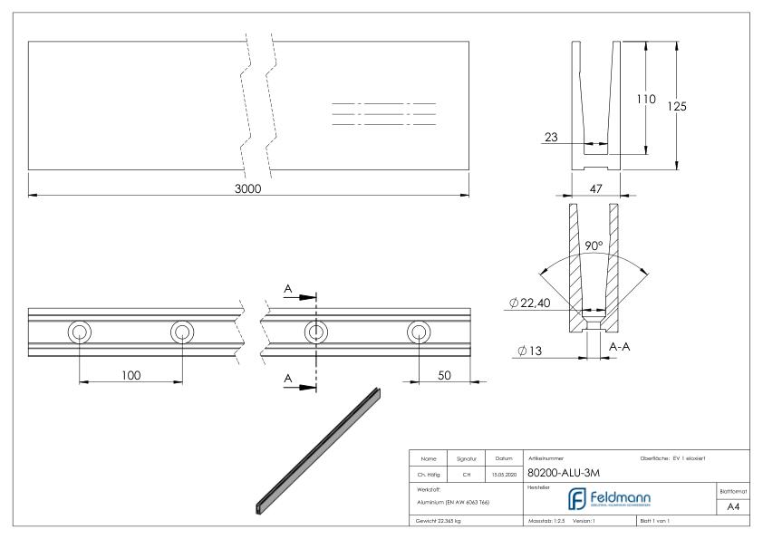 Alu-Profil ELEGANZA STRONG aufgesetzte Montage, L: 3000mm