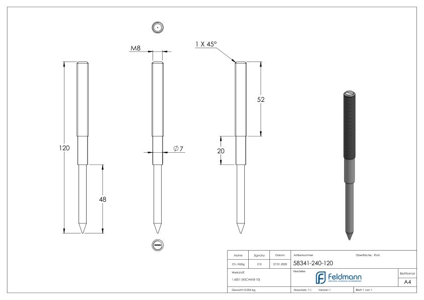 Stockschraube M8x120mm, V2A