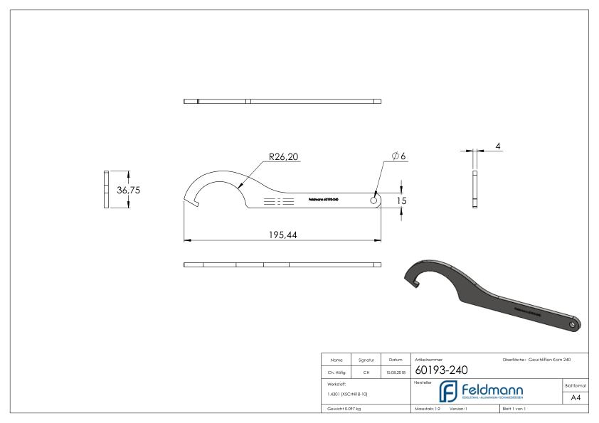Gabelschlüssel für Punktglashalter 52mm, V2A