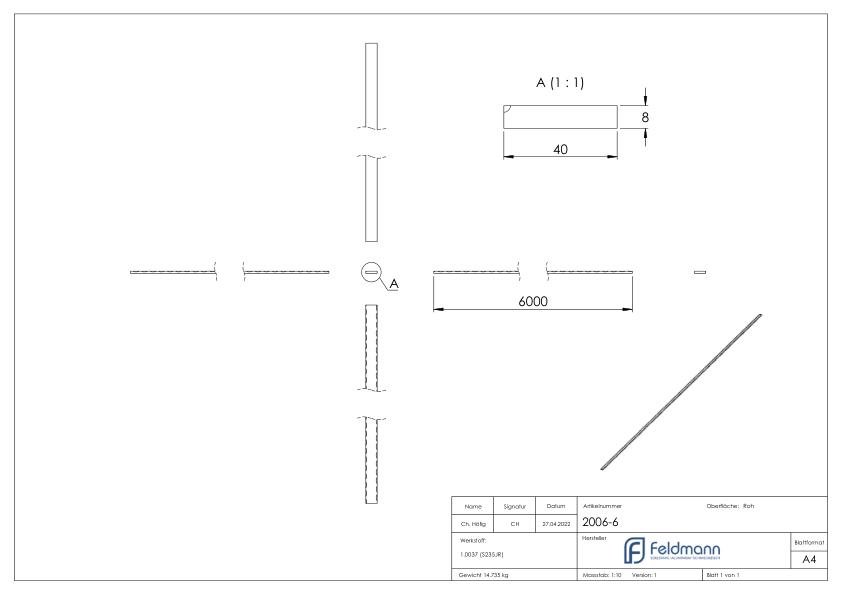 Flacheisen S235JR, 40x8mm, L: 6000mm