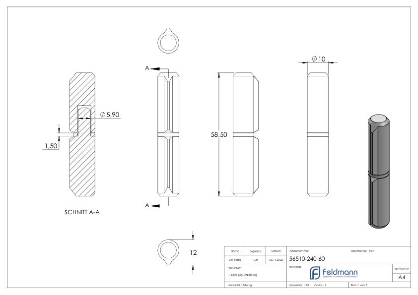 Anschweißband, L: 60mm, mit festem Stift, V2A