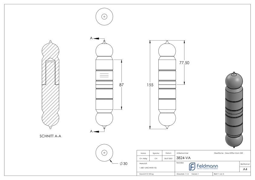 Anschweißband mit festem Stift glatt, 30mm, V2A