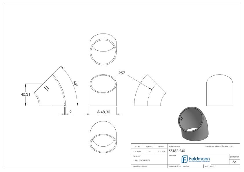Schweißbogen 45°, 48,3x2,0mm, V2A