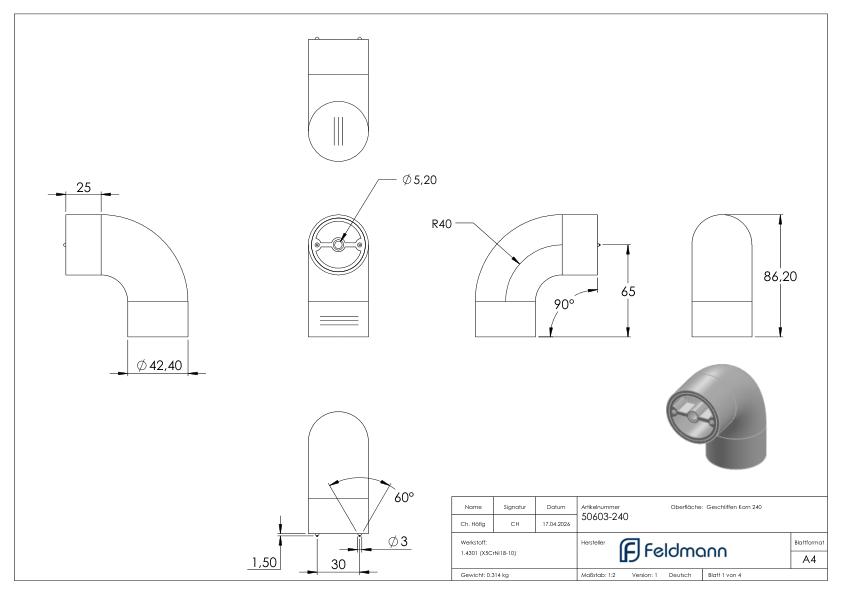 Endbogen 90° für 42,4mm Holzhandlauf, V2A