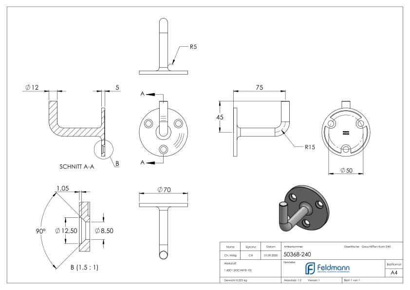Handlaufhalter zum Anschweißen (Ronde und Bügel verschweißt), V2A
