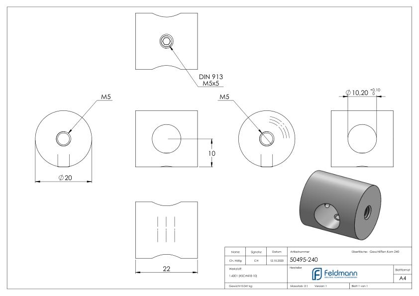 Querstabhalter (Montage zwischen zwei Flacheisen) mit 10,2mm Bohrung, V2A