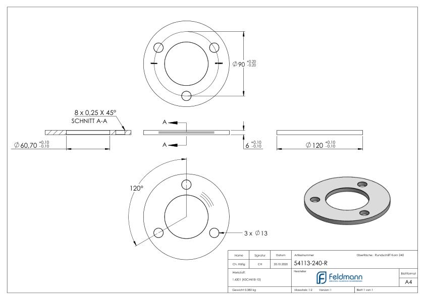 Ankerplatte Ø 120x6mm, mit Rundschliff, V2A