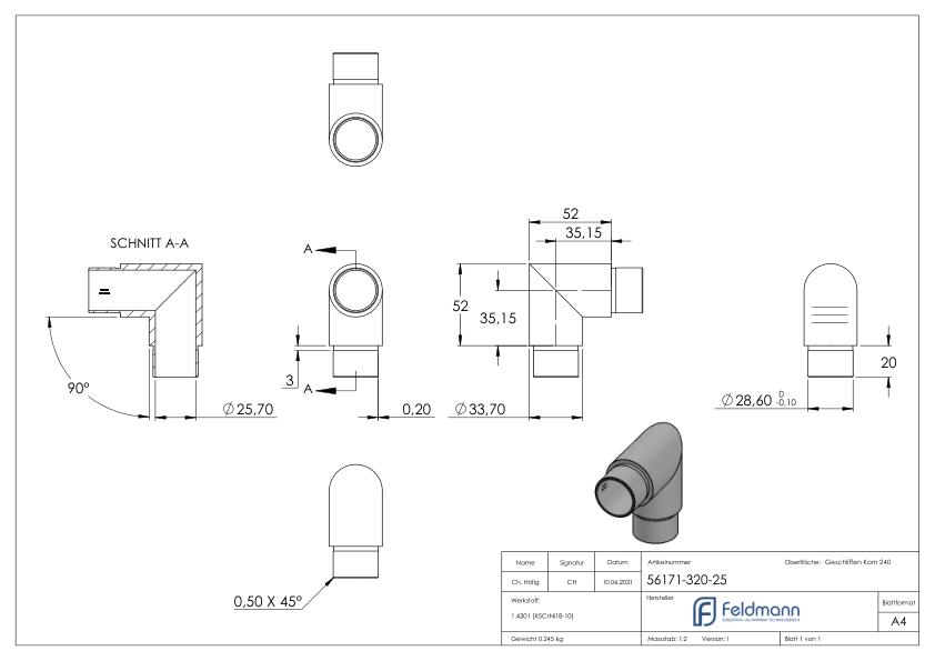 Eckstück 90°, für Rohr 33,7 x 2,5mm