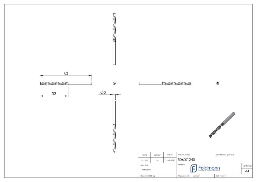 Holzspiralbohrer Ø 3mm, Länge 60mm