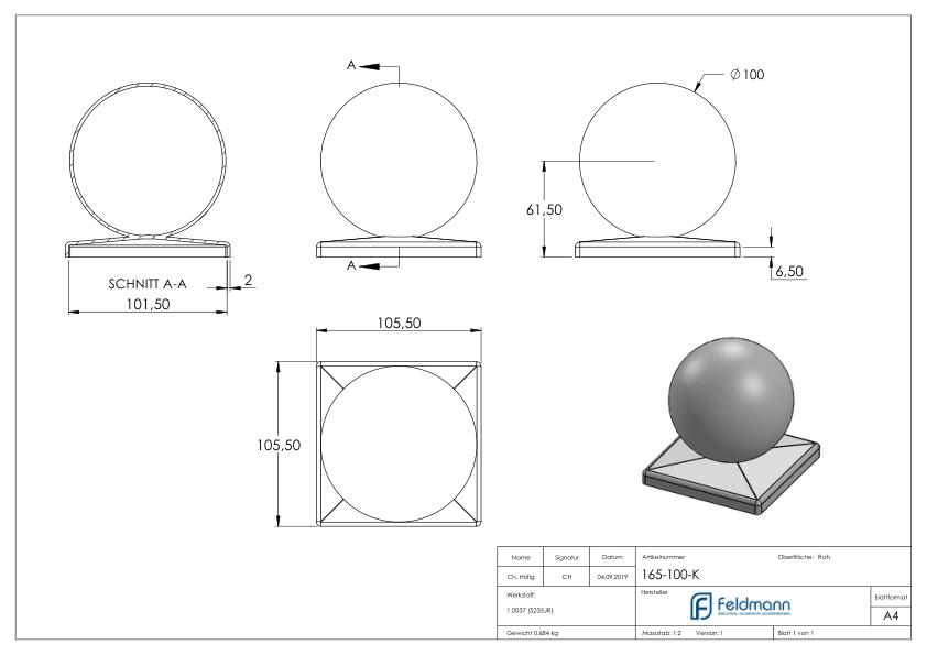 Pfeilerbedecker 100x100mm mit Hohlkugel Ø 100mm