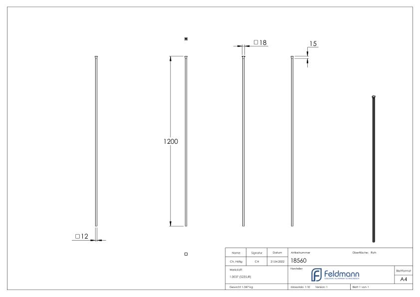 Zaunstab 12x12mm, H: 1200mm, Kopf gestaucht