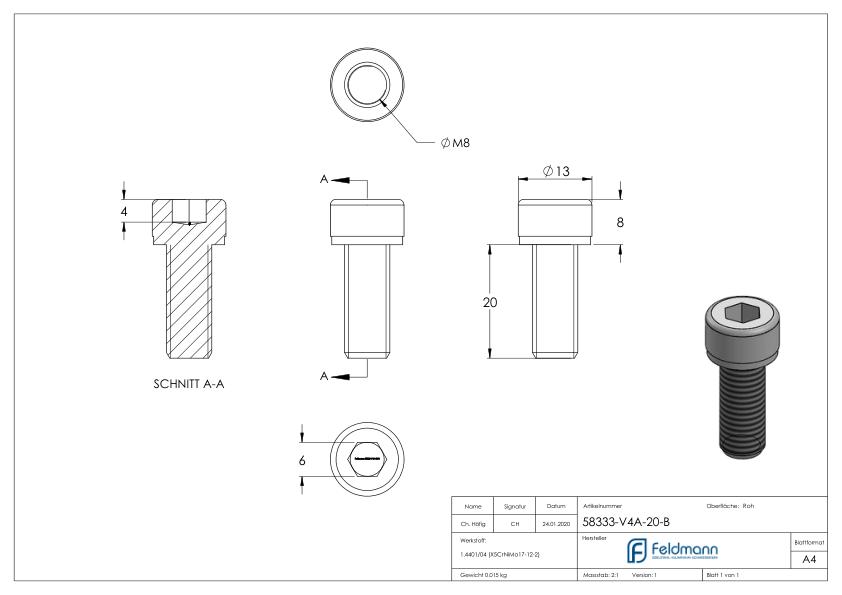 Zylinderkopfschraube M8x20, V4A, DIN 912 Zylinderkopfschraube M8x20, V4A, DIN 912
