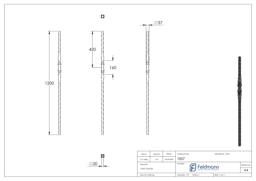 Anfangsstab 20x20mm, H: 1200mm