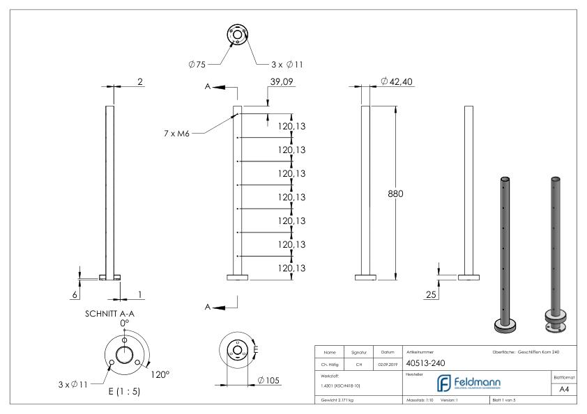 Edelstahlpfosten V2A zur Bodenmontage, H: 880mm