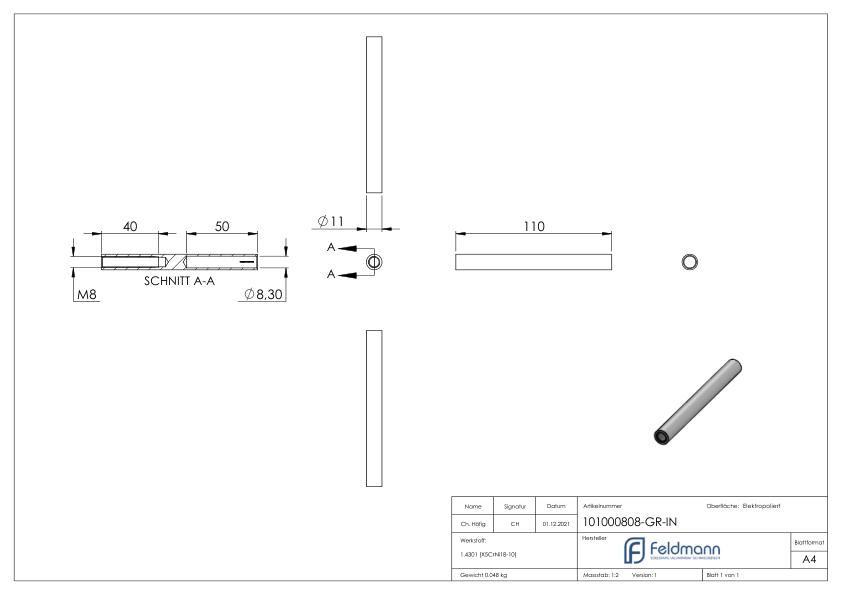 Gewindeterminal für Seil 8mm, V2A