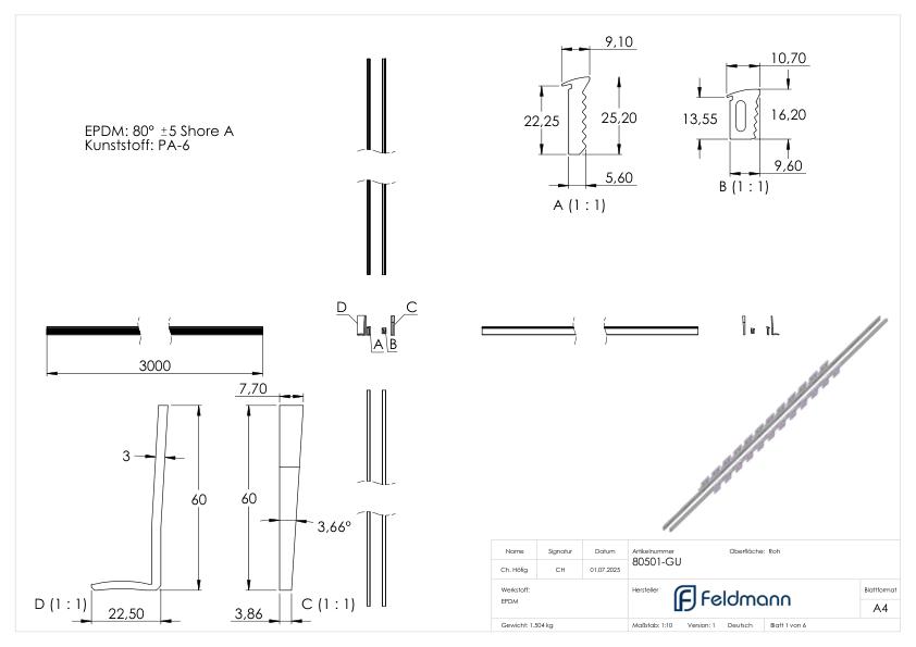 Montageset für 3000mm Aluprofil für Glas 16,76 - 17,52mm