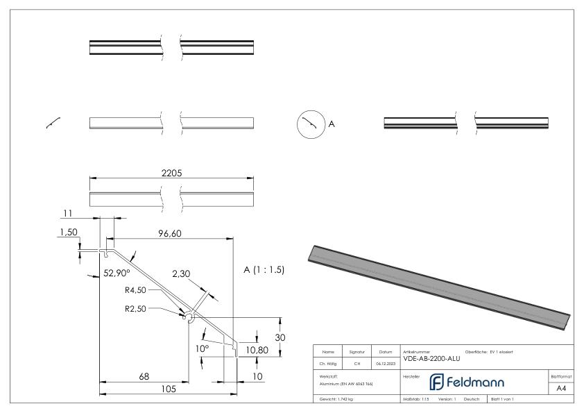 Design-Abdeckung für eleganza canopy, L: 2205mm, Aluminium E4/EV1 Design-Abdeckung für eleganza canopy, L: 2205mm, Aluminium E4/EV1