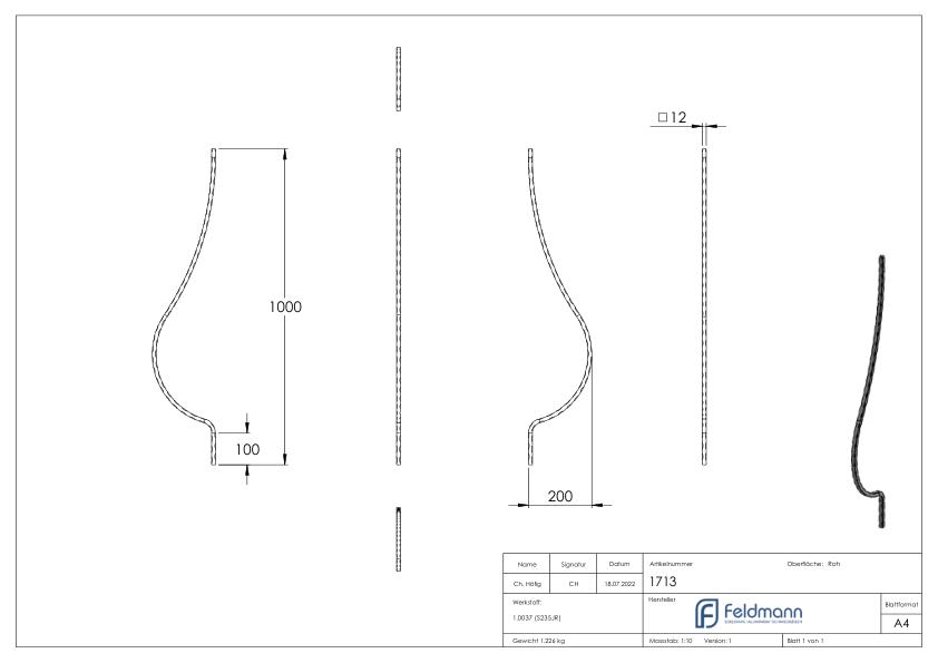 Korbgitterstab 12x12mm, gehämmert, H: 1000mm