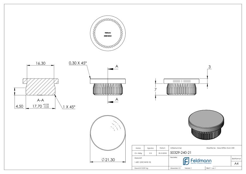 Rohrabschlussstopfen, für Rohr 21,3x2,0mm, V2A