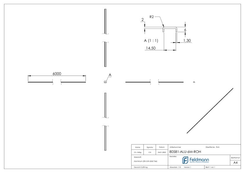 Kantenschutz EXTRA SLIM, für Glas 12,00 - 13,52mm, L: 6000mm, Aluminium roh