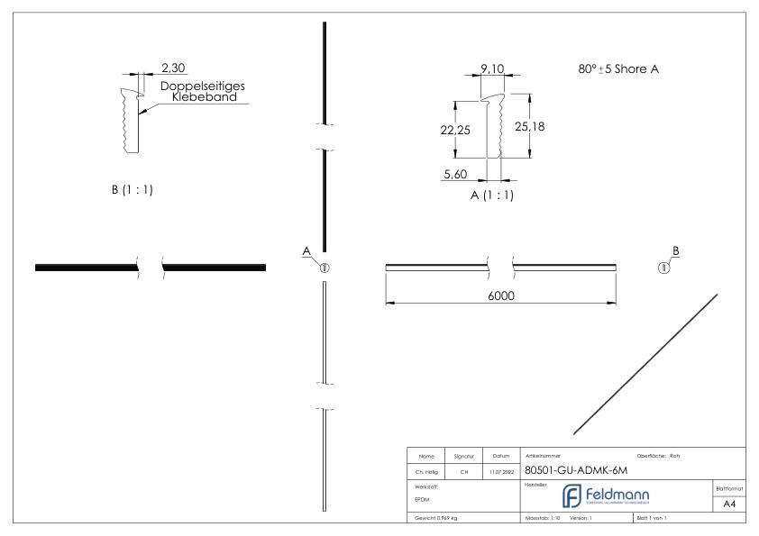 Abschlussdichtung oben, EPDM 80 shore, Länge 6m, schwarz