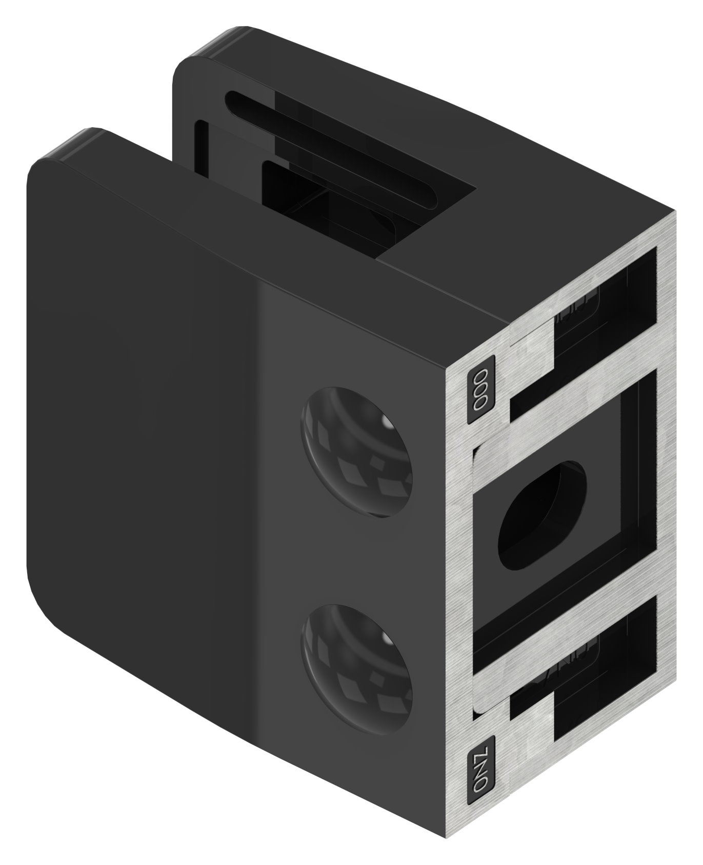 Glasklemme Mod. 34, Anschluss: gerade, Zink roh pulverbeschichtet RAL 9005 glänzend