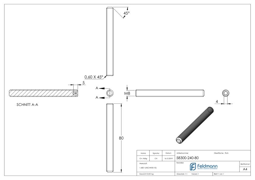 Gewindestift M8x80, V2A, DIN 913 / ISO 4026 Gewindestift M8x80, V2A, DIN 913 / ISO 4026