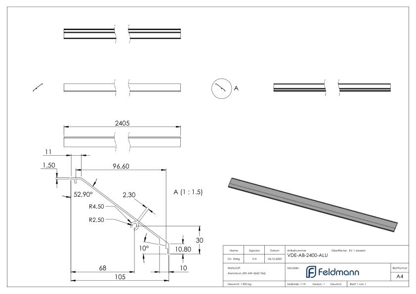 Design-Abdeckung für eleganza canopy, L: 2405mm, Aluminium E4/EV1 Design-Abdeckung für eleganza canopy, L: 2405mm, Aluminium E4/EV1