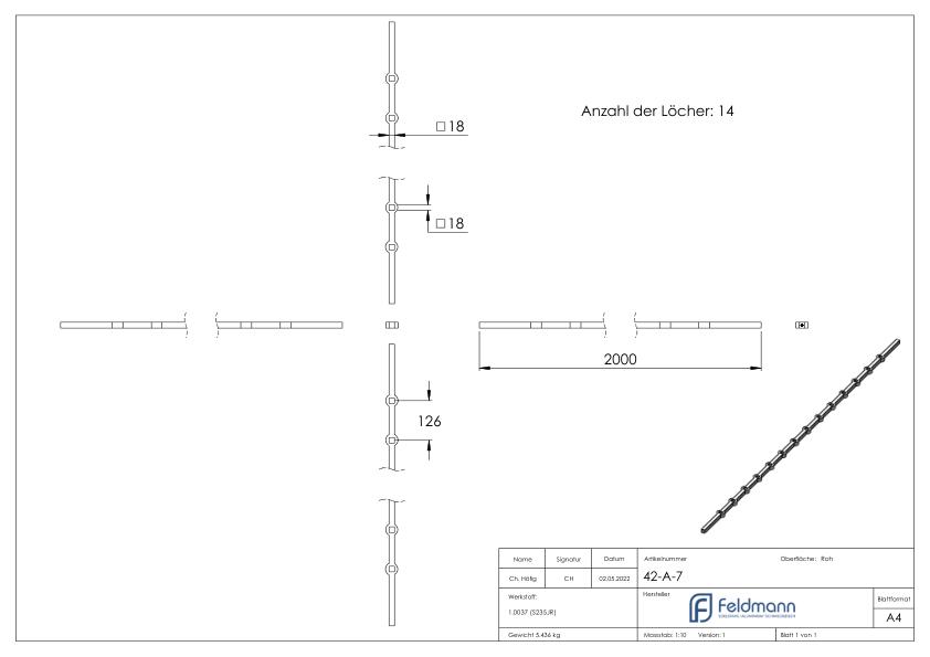Lochleiste S235JR, 18x18mm, Lochabstand 126mm, 2000mm
