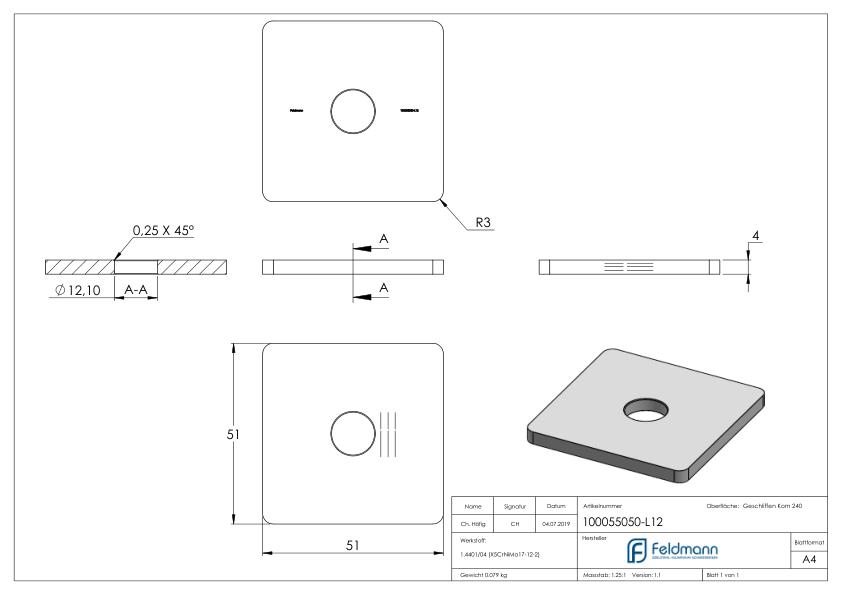 Einsteckkappe für Quadratrohr 50x50 mit Bohrung, V4A