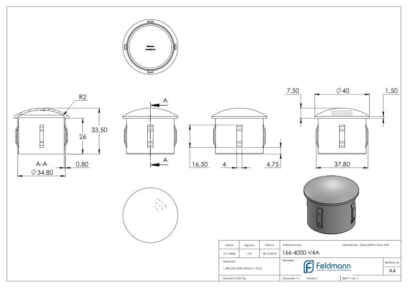 Rohrabschlussstopfen, für Rohr 40,0x2,0 - 2,6mm, V4A