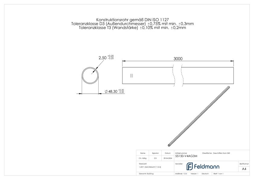 Edelstahlrohr, 48,3x2,5mm, L: 3000mm, V4A-GG