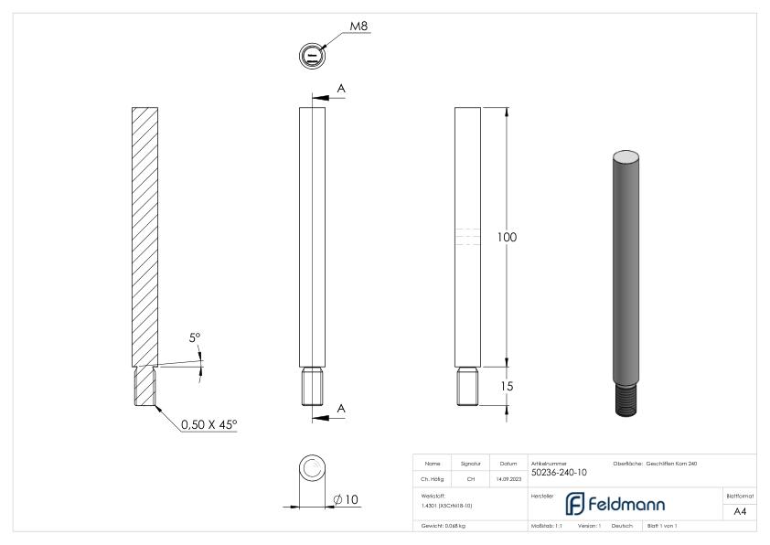 Stift Ø 10mm, L: 100mm, V2A