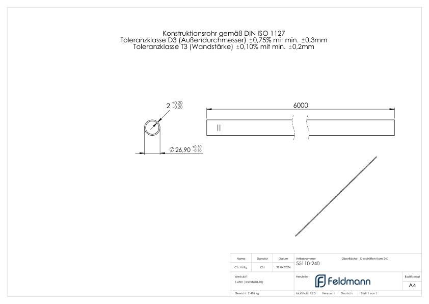 Edelstahlrohr, 26,9x2,0mm, L: 6000mm, V2A