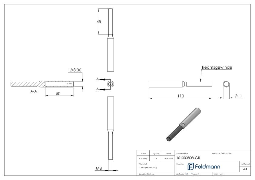Gewindeterminal für Seil 8mm, V2A Gewindeterminal für Seil 8mm, V2A