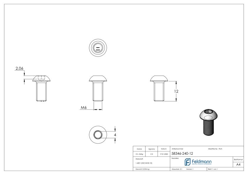 Rundkopfschraube M6x12, V2A, DIN 7380-1