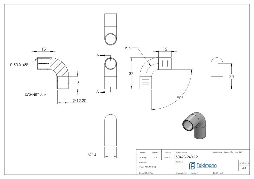 Rundstabverbinder für Ø 12mm, 90°, V2A
