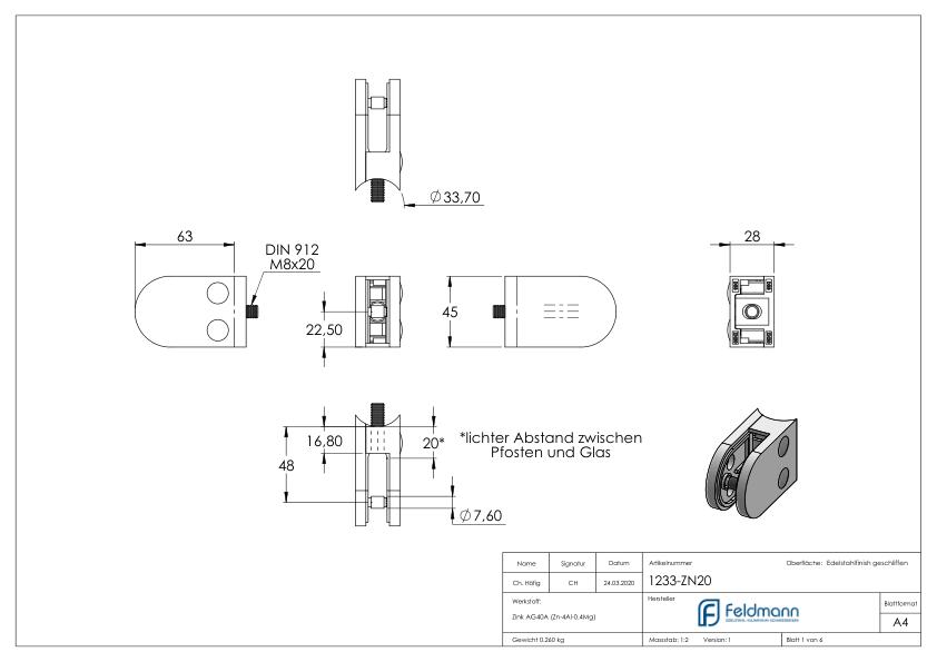 Glasklemme Mod. 12, Anschluss: 33,7mm, VA-Effekt Glasklemme Mod. 12, Anschluss: 33,7mm, VA-Effekt