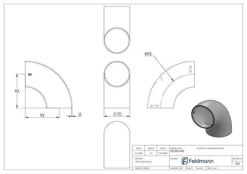 Schweißbogen 90°, 70,0 x 2,0mm, V2A