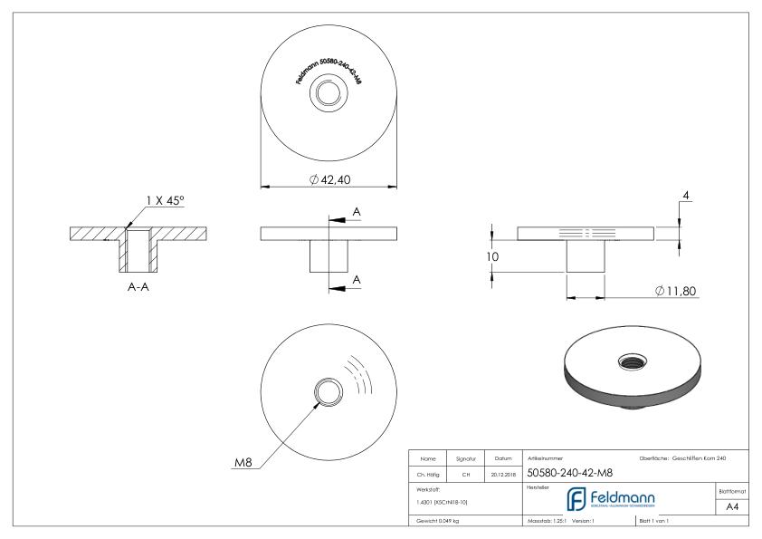Platte, Ø 42,4mm, zum Aufschweißen, V2A