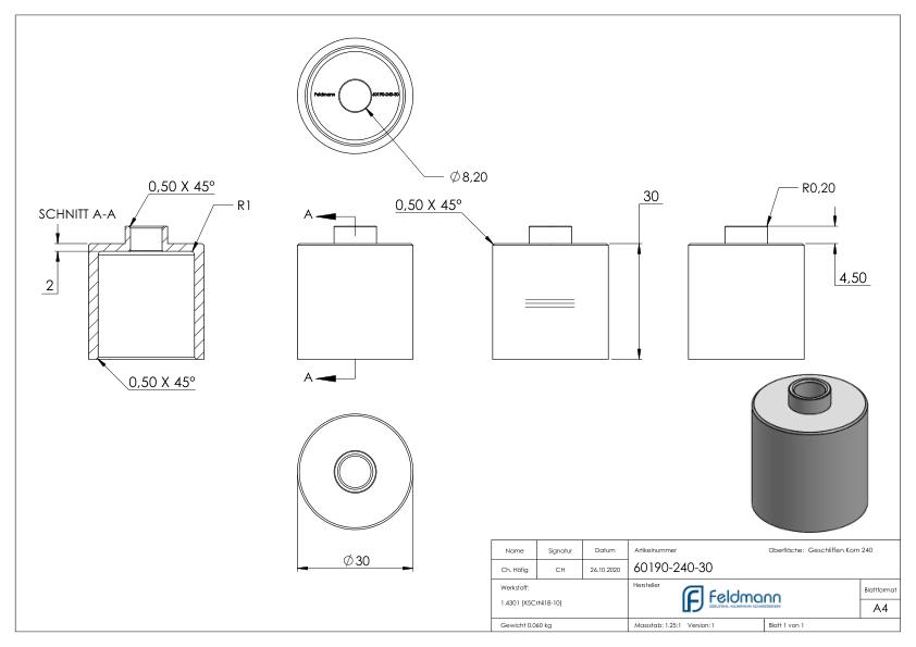 Unterteil Ø 30mm, mit Durchgangsbohrung , T: 30mm, V2A