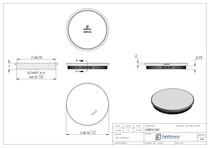 Stopfen, für Rohr 48,3 x 2,0mm, V2A
