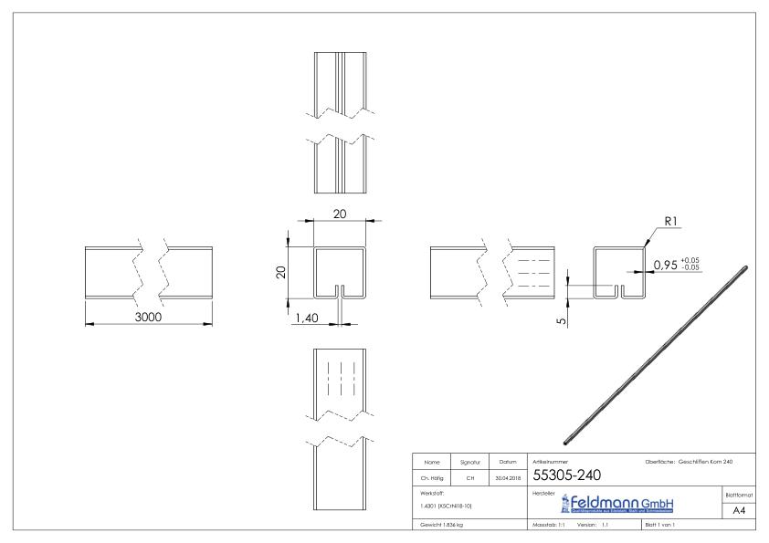 Klemmprofil, 20x20x1,0mm, L: 3000mm, V2A